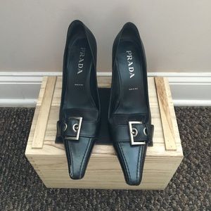Prada Black Pointed Toe Heels With Buckles